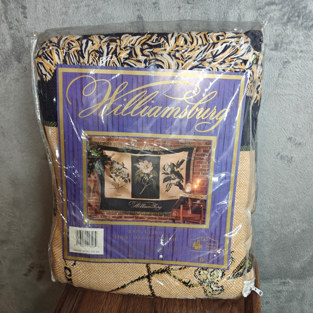 VTG Williamsburg Triple Woven Afghan Blanket OS Navy Garden Images Cotton Floral